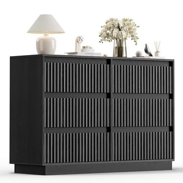 UPGO Wood Dresser, 6 Drawer Dresser for Bedroom, Modern Chest of Drawers with Deep Drawers Waterproof Living Room, Hallway, Entryway,Black