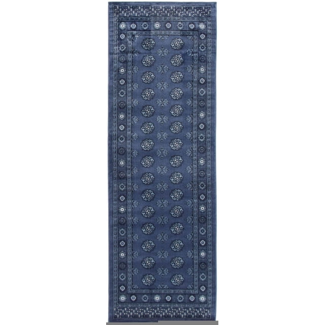 Tekke Oriental Area Rug for Living Room, Dining Room, Bedroom in deep blue runner style with symmetrical repeated oval and diamond-shaped motifs and floral border, known for soft pile and traditional elegance, suitable for hallways or narrow spaces.