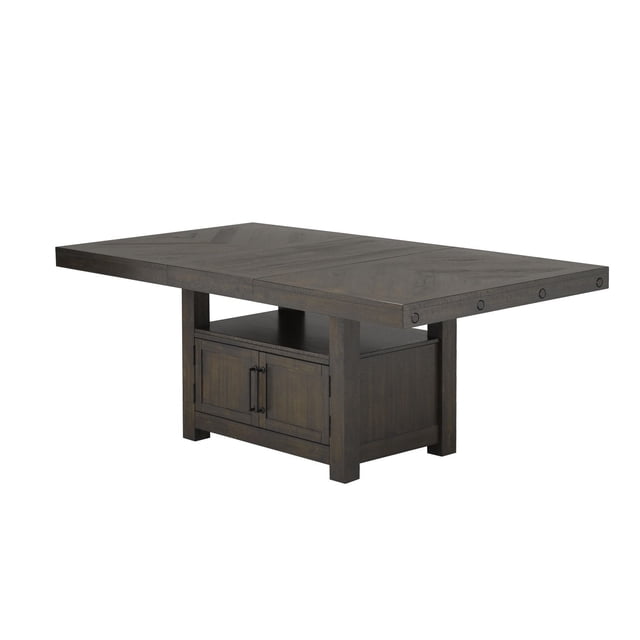 Dining Table with Ext. Leaf, Dark Oak, featuring a rectangular top with a 20-inch butterfly extension leaf. Constructed from acacia solid wood and veneer with a dark oak finish, it has a storage base with double-door cabinets and black metal handles. Measures 80 by 42 by 30 inches, suitable for kitchen and dining areas, and ideal for providing extra surface space when entertaining.