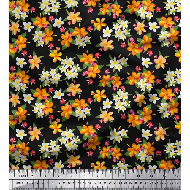 Soimoi Polyester Crepe Fabric Leaves & Flower Floral Printed Craft Fabric by The Yard 52 Inch Wide