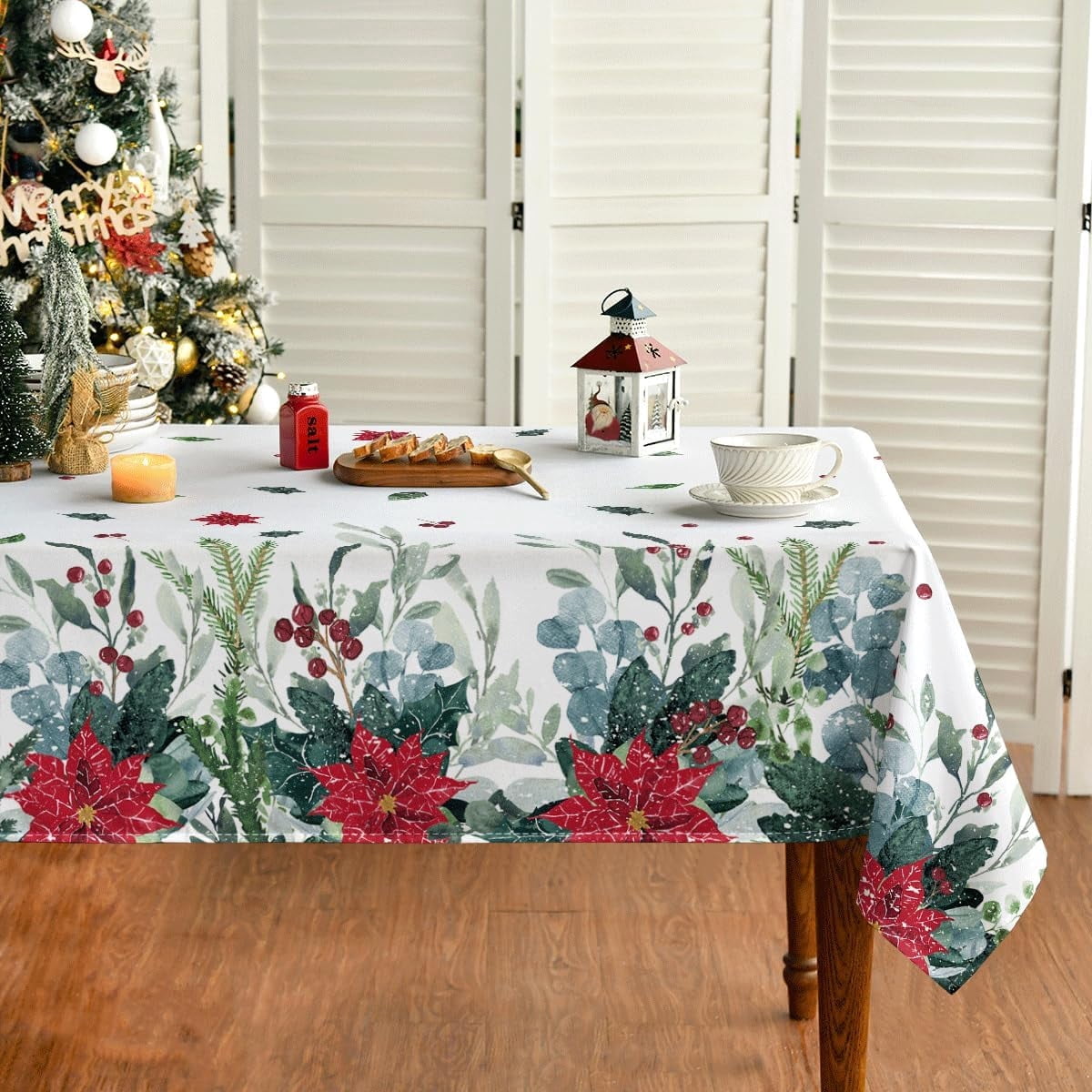 Christmas Tablecloth 60×84 Inch, Eucalyptus Poinsettia Washable Table Cover for Party Picnic Dinner Decor