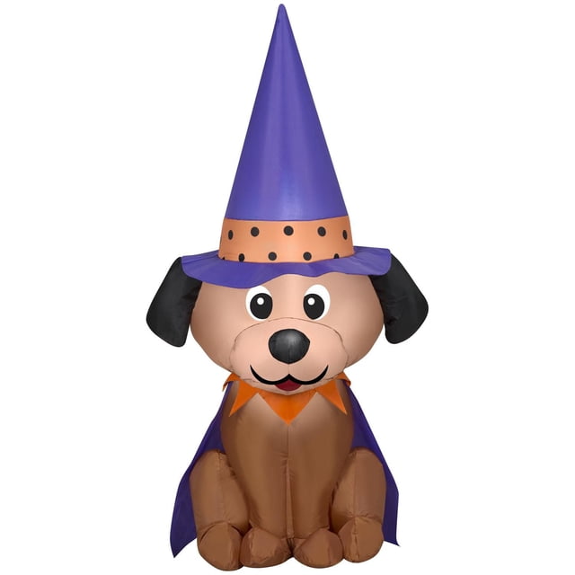 Gemmy Halloween Inflatable Dog in Witch Hat featuring a brown Airblown inflatable dog with black ears, wearing a tall purple witch hat with an orange polka dot band, a matching purple cape, and an orange collar, lit by energy-efficient LED lights, ideal for indoor and outdoor Halloween decoration.