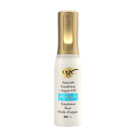 OGX Émulsion Lisse + Huile d'Argan Brume Revitalisante pour les Cheveux, Vaporisateur Réparateur avec Céramides pour les Cheveux* jusqu'à 48 Heures Sans Alourdir, Protection contre la Chaleur 230°C °F
