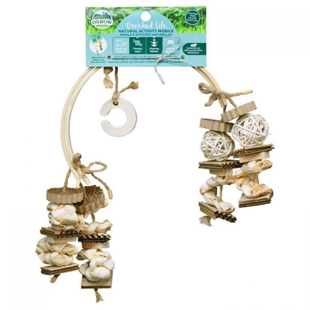Oxbow Enriched Life Natural Activity Mobile for small animals featuring a curved wooden frame with natural chew elements like woven balls, cardboard pieces, and knotted fibers, designed to attach to habitats and encourage chewing, playing, and vertical exploration.