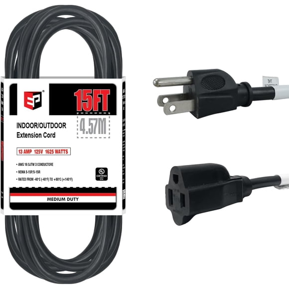EP 15 Ft Outdoor Extension Cord - 16/3 SJTW Black Electrical Cable with 3 Prong Grounded Plug