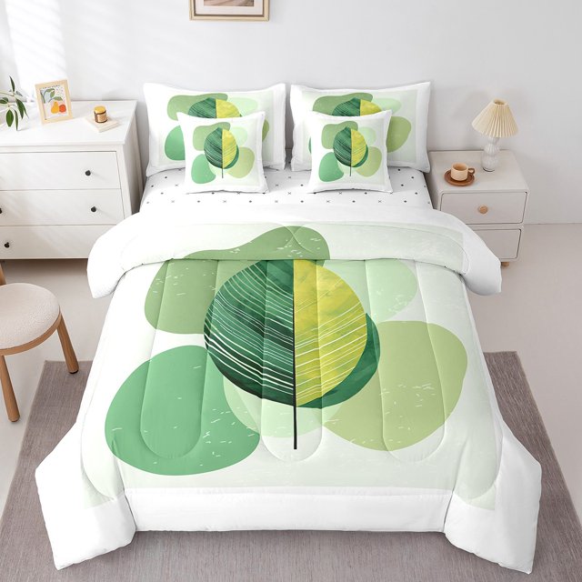 YST Ensemble de Literie Moderne Vert 7 Pcs Style Mi-Siècle, Feuilles Abstraites, Polyester, Format Double (7 Unités)