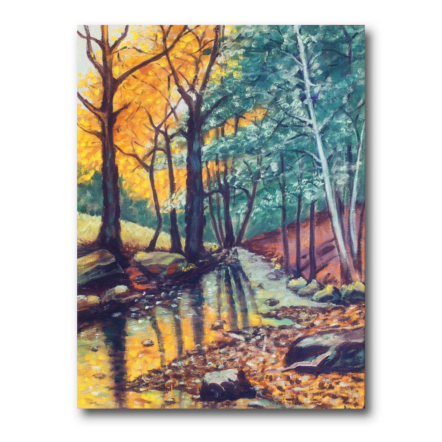 Designart paysage, à, rivière, dans, forêt automne, coucher soleil Art mural sur toile