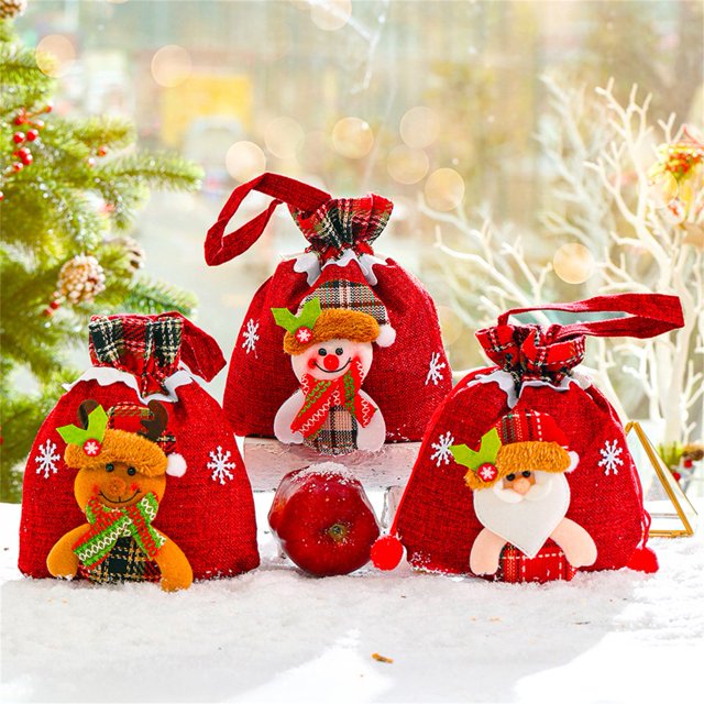 Gift Bags Decorative Elk Santa Print Handheld 3D Decor Drawstring Christmas Candy Bags for Kids