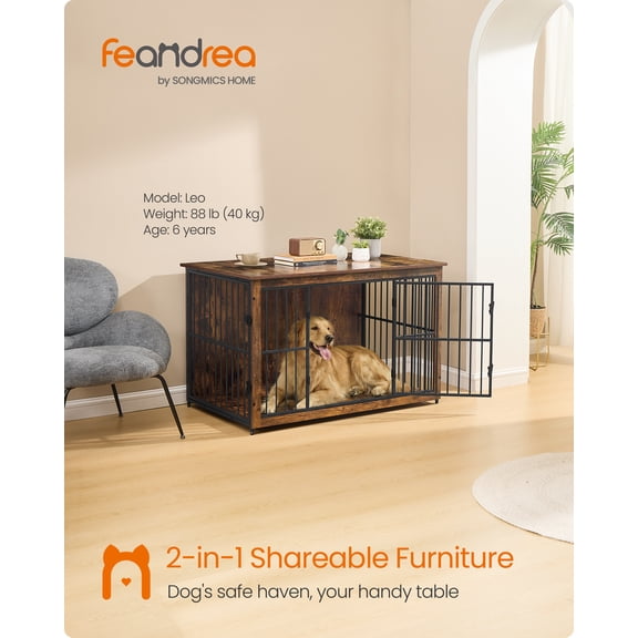 Feandrea Wooden Dog Crate Furniture, Modern Kennel with Double Doors and Removable Tray, Pet Crate End Table for Medium and Large Dogs Indoor, 48 Inch, Rustic Brown UPFC015KD01