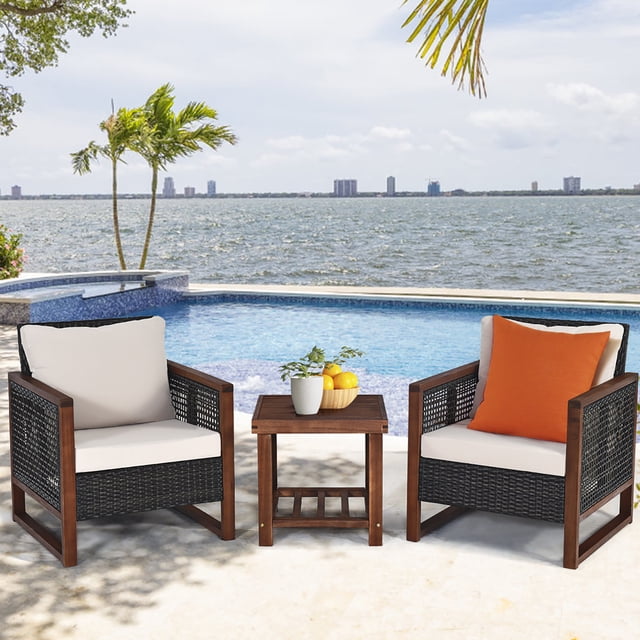 Costway 3PCS Patio Wicker Furniture Set Solid Wood Frame Cushion Sofa Square Table Shelf
