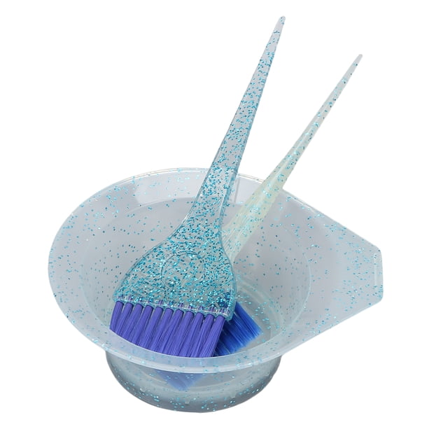 Hair Dyeing Brush Hair Color Brush Hairdressing Dyeing Brush set by Estink, featuring a transparent glittered ABS+Nylon dyeing cream bowl (14 x 6 cm), a pointed tail brush (6.5 x 21 cm), and a double-sided brush (7 x 20.5 cm). The set is designed for precise hair dye application with an anti-slip base for stability. Includes tools suitable for cutting and dyeing hair.