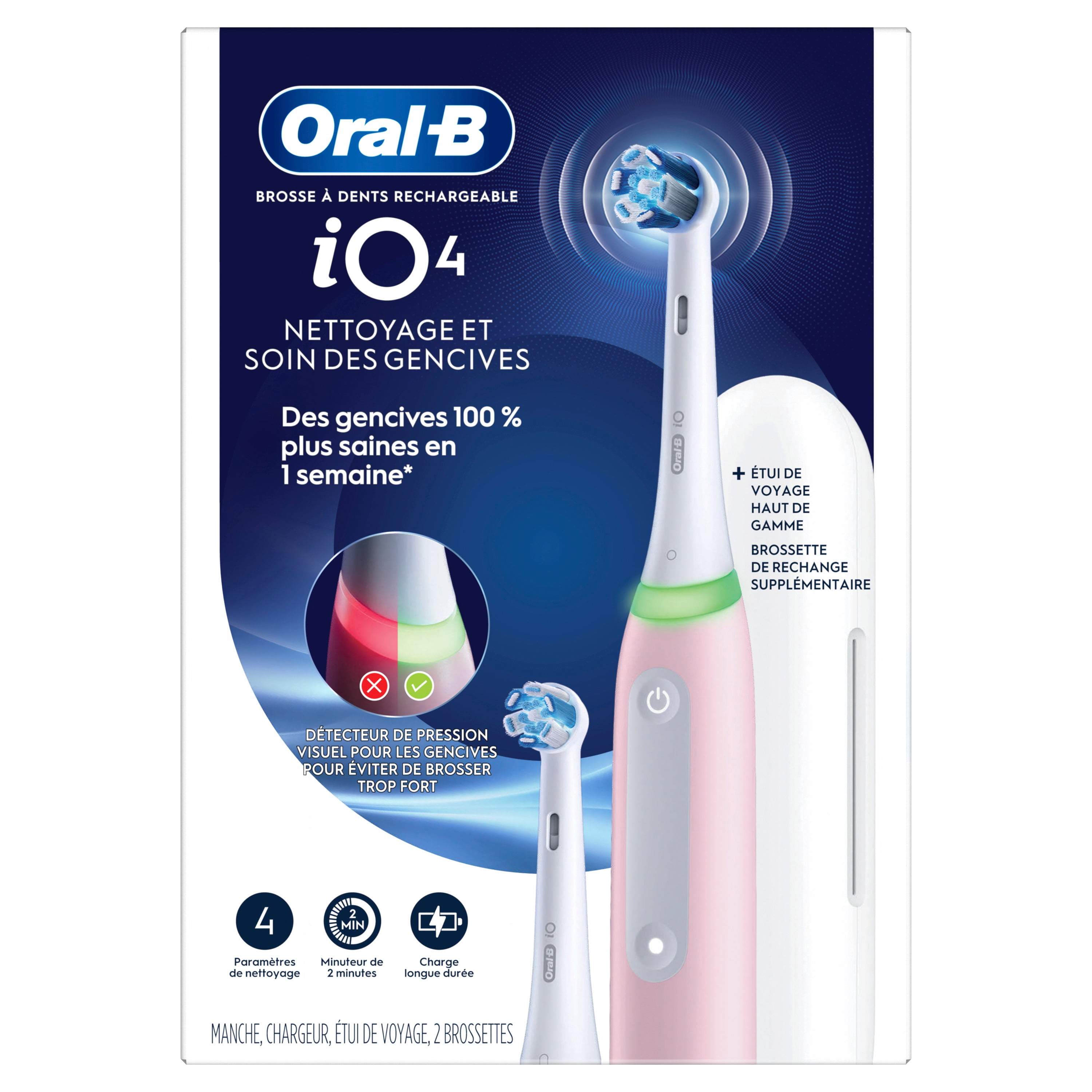 Brosse à dents électrique rechargeable Oral-B, iO4 Propreté et gencives, 4 modes de nettoyage, détecteur de pression visuel pour protéger les gencives, 2 brossettes, étui de voyage, rose