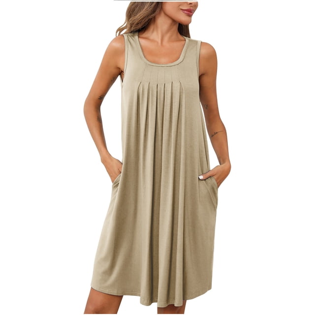 Dvkptbk Robe d'Été de Plage pour Femme 2024 Décontractée à Col Rond à Manches Courtes Robe Débardeur Mini Robes Fluide à Volants Boho Robe Soleil avec Poches P-2TG