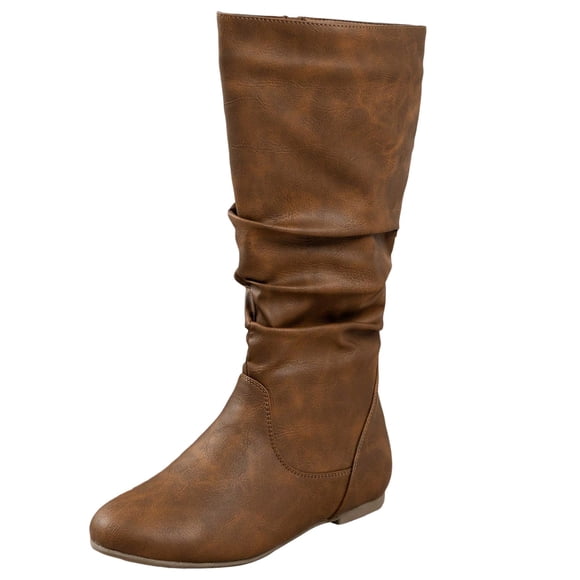 Zhanying Women's Slouchy Knee High Boots Pull On Flat Boots with Side Zipper Fall Winter Western Cowgirl Booties for Women Soft Faux Leather Round Toe Low Heels Combat Mid Calf Tall Dress Boots