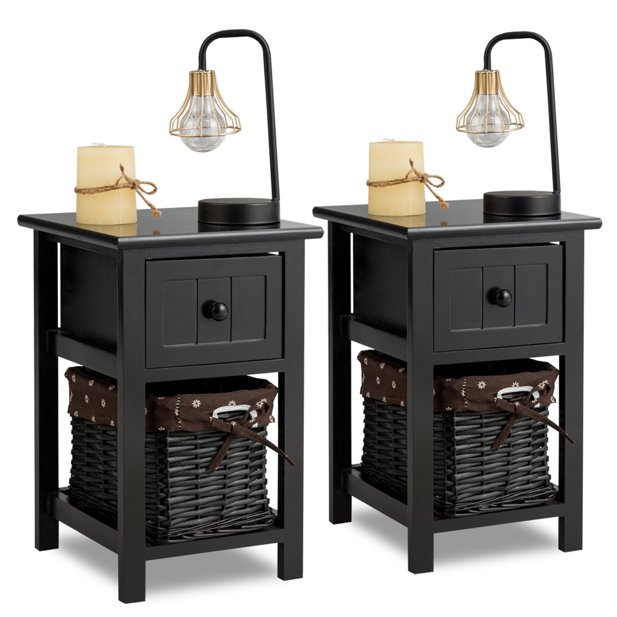 Costway Set of 2 Mini Nightstand 2 Layer 1 Drawer Bedside End Table Wood Basket Black