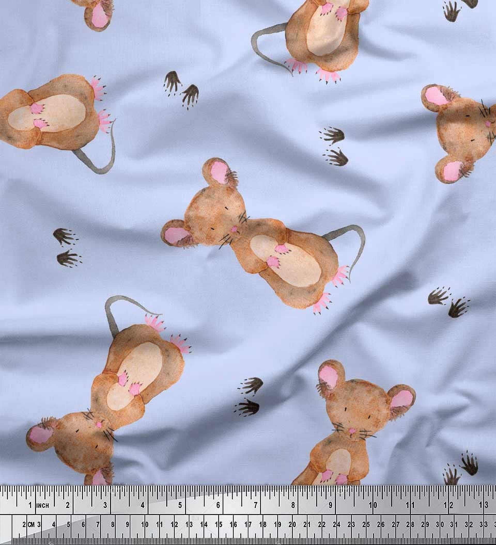 Soimoi Blue polyester Crepe Fabric Footprints & Mouse Kids Print Fabric by Yard 52 Inch Wide