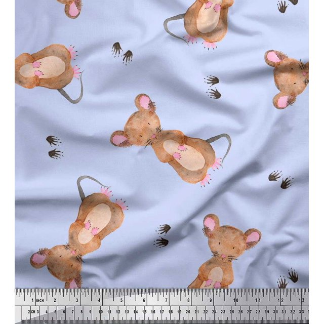 Soimoi Blue polyester Crepe Fabric Footprints & Mouse Kids Printed Craft Fabric by the Yard 42 Inch Wide