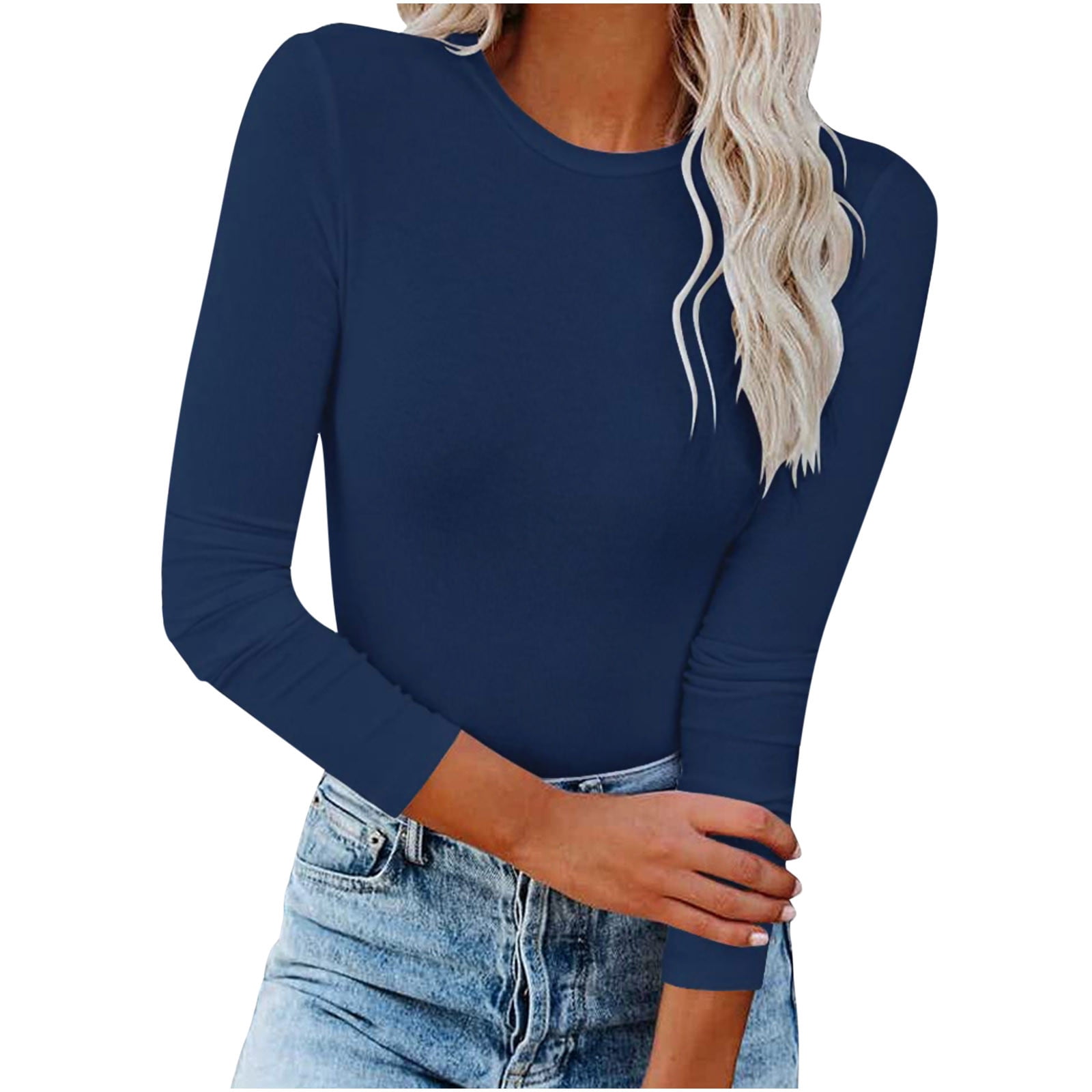 IROINID Deals Womens Plus Size Tops Fall Long Sleeve Stretch Slim Fitted T-Shirt Blouse Solid Basic Tops,Dark Blue
