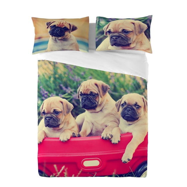 Ensemble de housse de couette Pugs in Wagon de Gouchee Home – Literie 3 pièces en coton certifié OEKO-TEX avec adorable imprimé de carlins