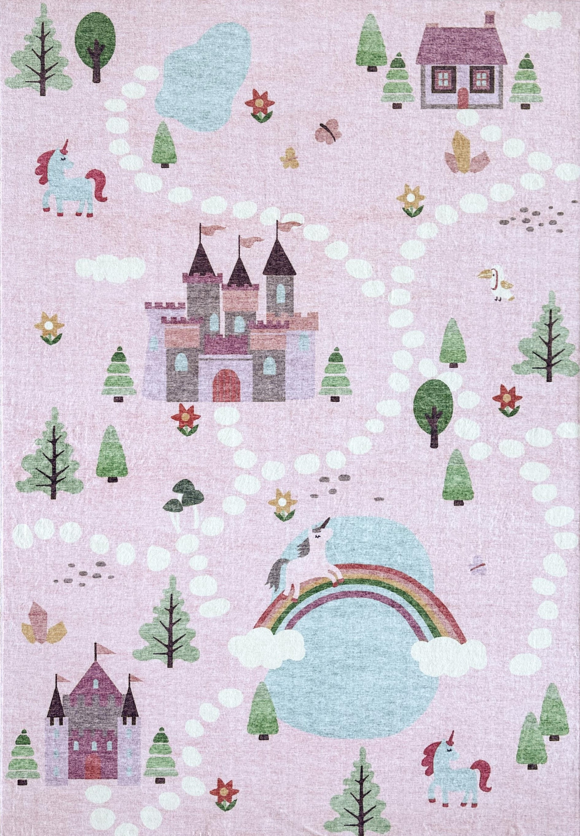Rug Branch Soft Steps Playtime Licornes, Chateau, Carte routiere, Tapis educatif doux, Rose Blanc - Garcons et filles dans la salle de jeux, la creche, la chambre