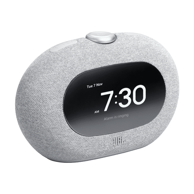 JBL Horizon 3 Haut-Parleur Radio-Réveil Bluetooth® en Tissu Gris avec Forme Ovale Arrondie, Affichage Numérique Affichant 7:30 AM et Sonnerie d'Alarme, Boutons de Commande Supérieurs, et logo JBL sous l'Écran, Offrant un Son JBL Pro Puissant, radio FM et Diffusion Bluetooth, Convient pour une Utilisation de Chevet et le Chargement du Téléphone via port USB.