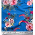 thumbnail image 1 of Soimoi Blue Cotton Jersey Fabric Leaves & Ranunculus Floral Printed Fabric 1 Yard 58 Inch Wide, 1 of 3