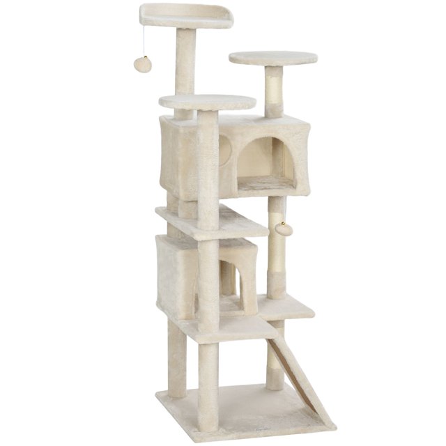54" Beige Cat Tree - Multi-Level Tower with Scratching Posts, Condo & Bed - Activity Center for Living Room & Playtime