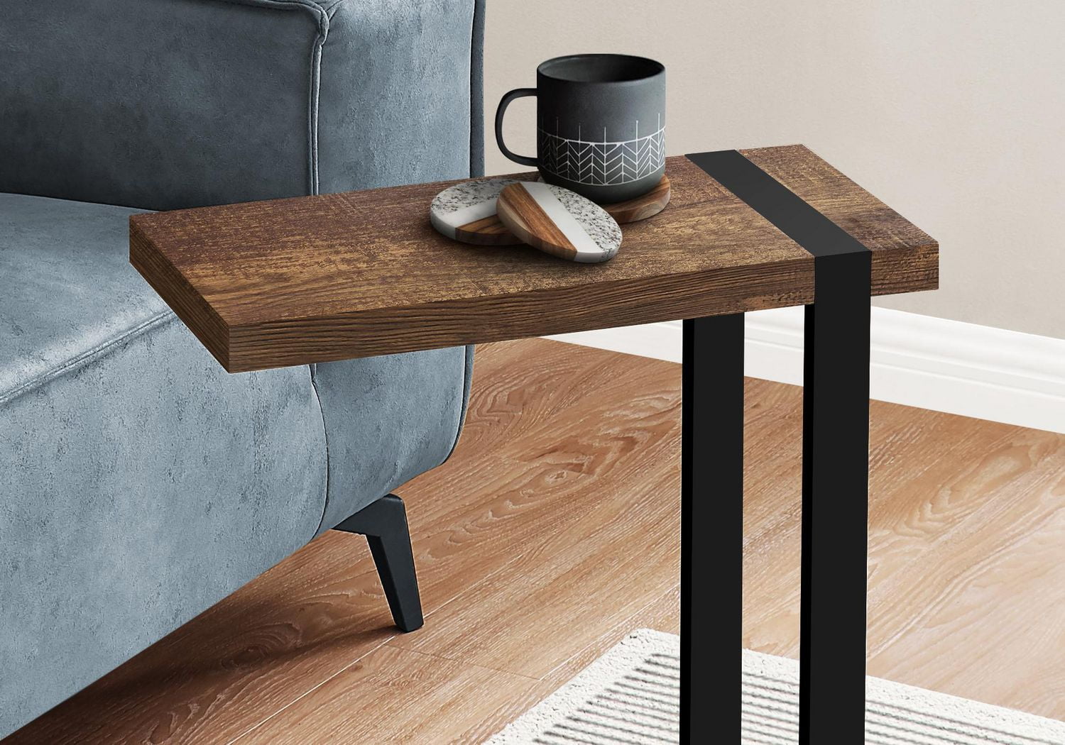 Monarch Specialties Table D'appoint, En Forme De C, Bout, Côté, Collation, Salon, Chambre À Coucher, Métal, Stratifié, Brun, Noir, Contemporain, Moderne