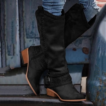 Babysbule Boots for Women Clearance Women Fashion Cowboy Riding Casual Warm Middle Heels Middle Tube Shoes