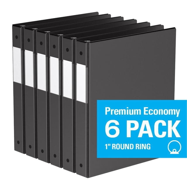 Davis Group Premium Economy Round Ring Binder 6 Pack, 1 inch, showing six black binders with clear full-width label holders on the spine and clear interior front and back pockets, made from PVC free polypropylene with recycled content, ideal for office and school use.