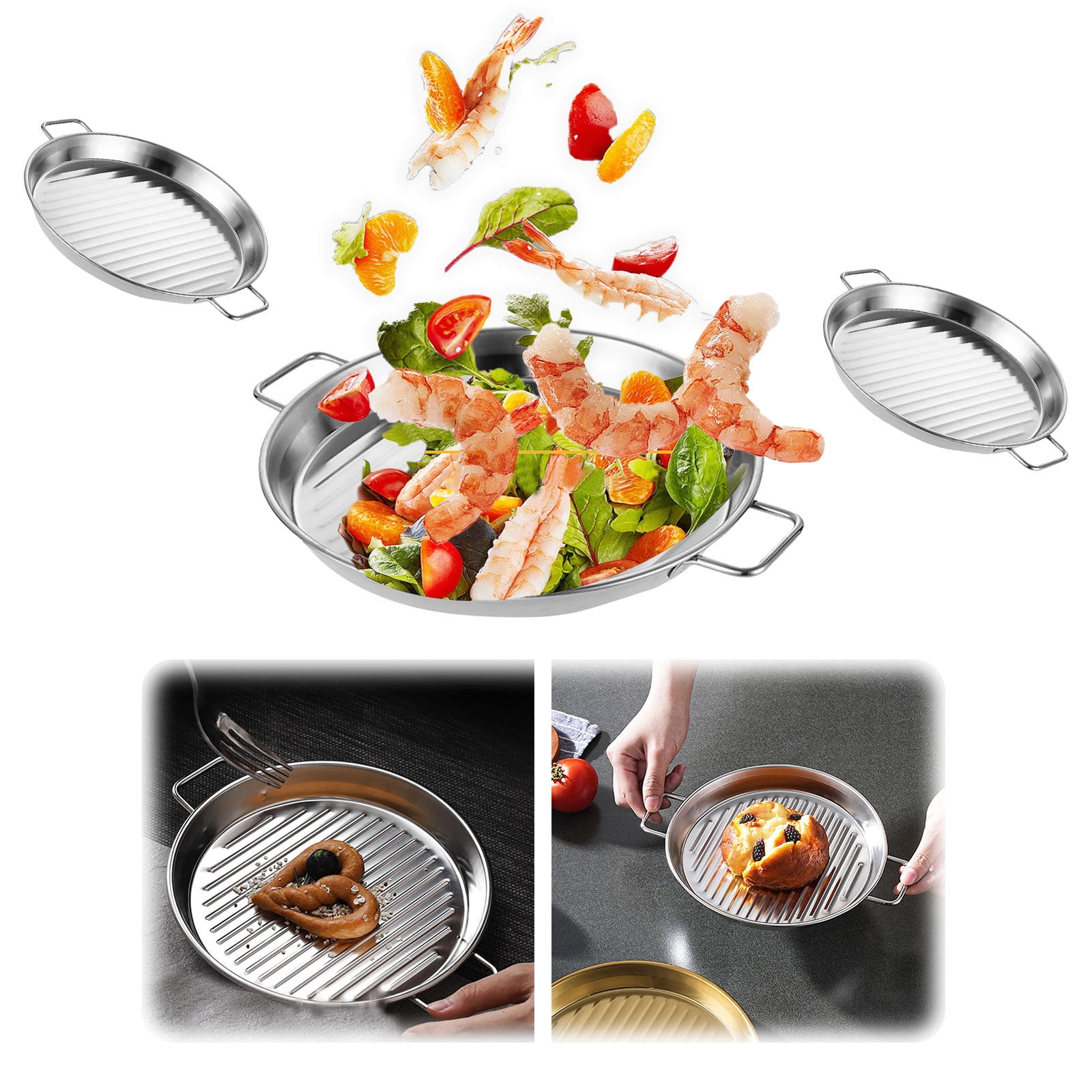 Hbdhejl Plat de Gril Rond en Acier Inoxydable avec Poignée Assiette de Déjeuner Polyvalente Bord Roulé Plaque de Cuisson pour Dessert Cuit Croustilles Poêles
