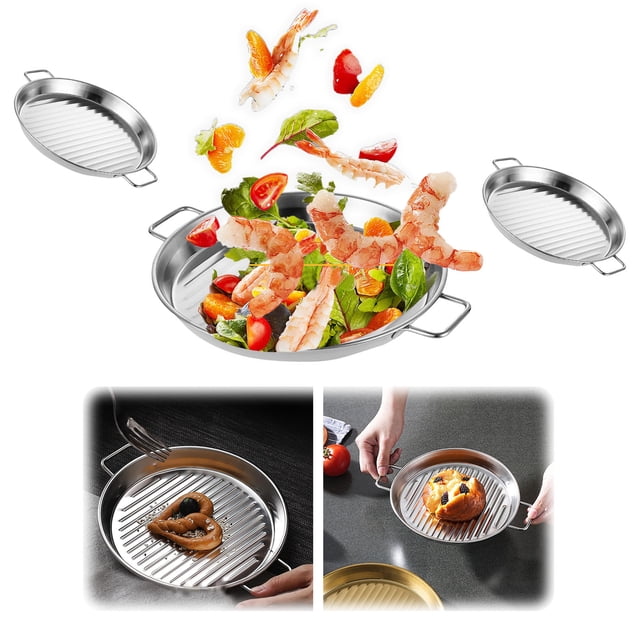 WIFKLSIIPG Plat de Gril Rond en Acier Inoxydable avec Poignée Assiette de Déjeuner Polyvalente Bord Roulé Plaque de Cuisson pour Dessert Cuit Croustilles Poêles