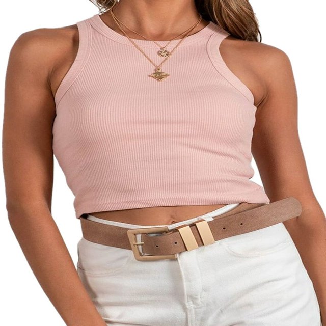 Women Girl Summer Rib Solid Color Tank Top Neck Sleeveless Crop Top