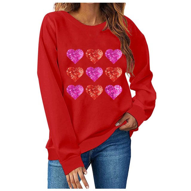 Printemps TIMIFIS Valentines Day Cadeaux pour Elle Chandail Cœur pour Femmes Mode Mignon Imprimé Amour Chandails à Col Rond Décontractés Manches Longues Tenues de Printemps Automne - Printemps/été
