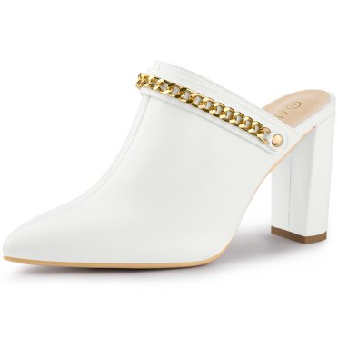 BLISSFUL STEP Women's Chain Slip on Block Heel Sandals Mules White (Size 6)