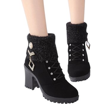 EGNMCR Bottines pour Femmes Bottes Saison Actuelle et Mode Hivernale Strass Bouche en Laine Talon Épais Bout Rond Manche Courte Bottes pour Femmes