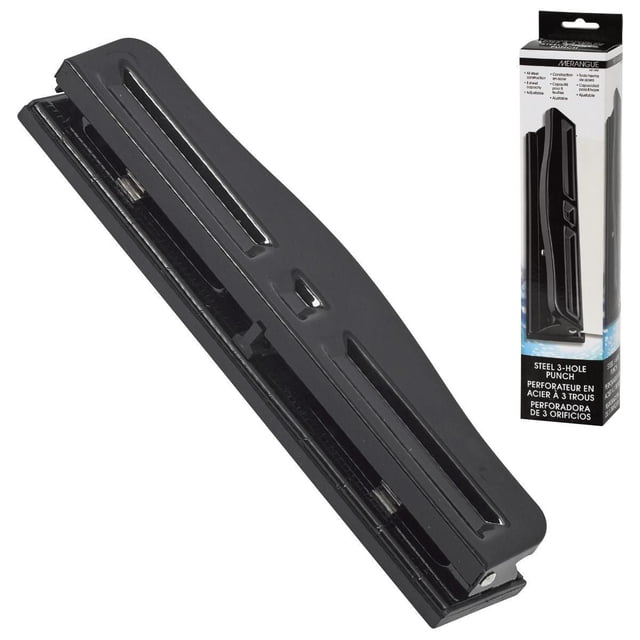 Merangue Adjustable Steel 3-Hole Punch in black with matte finish, featuring an all-metal construction and adjustable punch heads for customizable hole spacing, ideal for office and school use, shown with its retail packaging.