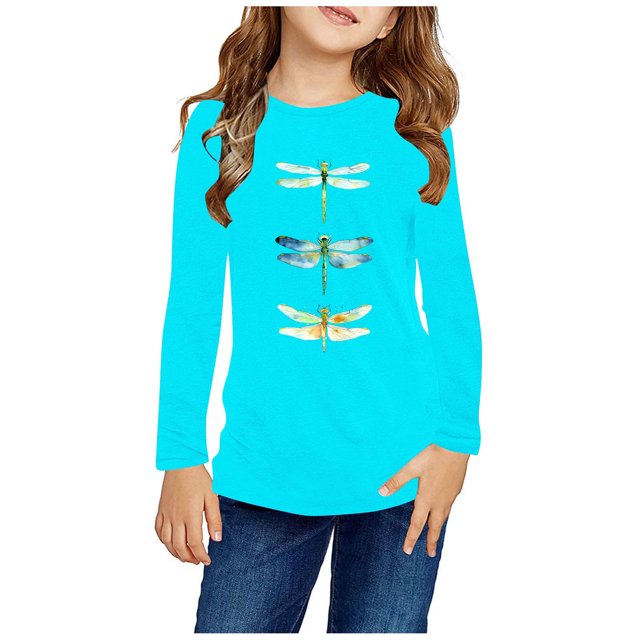 RXIRUCGD Chemises à Manches Longues pour Filles, Col Rond Mignon, Blouses Décontractées Élégantes (Bleu Clair, Taille:9 Ans)
