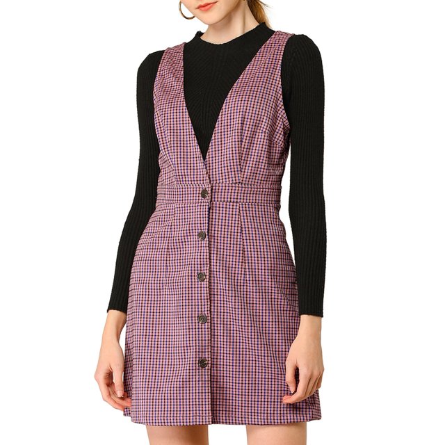 INSPIRE CHIC Women's Overall Suspender Check Houndstooth Pinafore Dress
