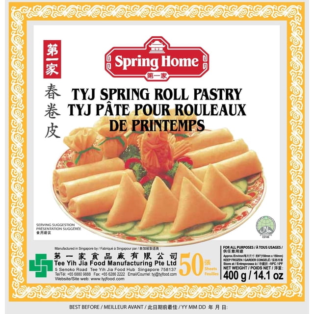TYJ Spring Roll Pastry 6 inch, 50 sheets by Spring Home, displaying a plate of golden fried spring rolls and triangular samosas with vegetable garnish, ideal for frying crispy appetizers, HACCP certified product from Singapore weighing 400g (14.1 oz).