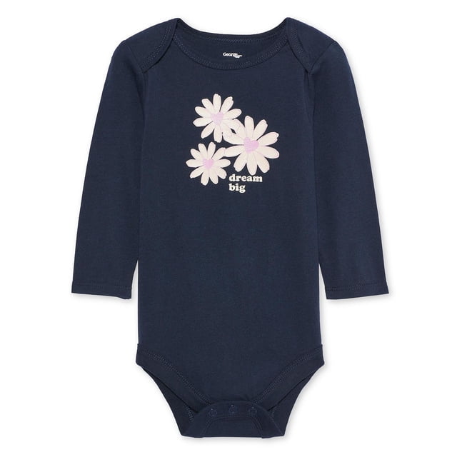 George Baby Girls' Long-Sleeve Bodysuit 100% cotton jersey knit bodysuit, centered flat front view with envelope neck and long sleeves, rib-knit cuffs, colorful front graphic print, and three-snap inseam at bottom; styled for easy layering with leggings or skirts.