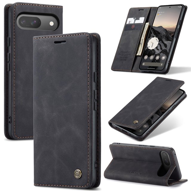 CaseMe Leather for Google Pixel 10/10 Pro Case, Flip Wallet Leather Case with Card Holder Magnetic Closure Shockproof Kickstand Protective Phone Cases Cover for Google Pixel 10/10 Pro,Black