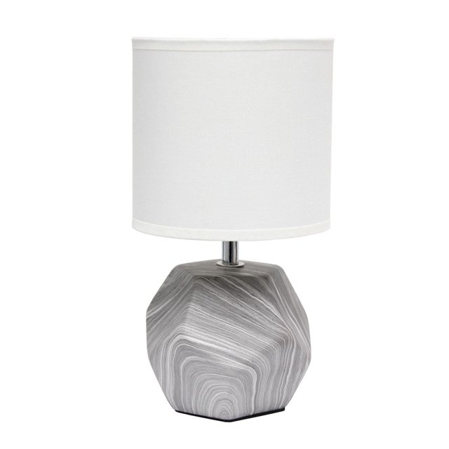 Simple Designs Lampe de Table Mini à Prisme Rond avec Abat-Jour en Tissu Blanc et base Géométrique Marbrée Grise, Idéale pour l'Éclairage de Table de Chambre, Bureau Ou Dortoir, Convient Aussi comme Lampe d'Accent Compacte