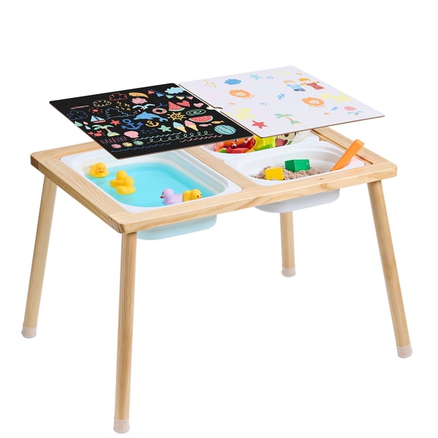 VEVOR Kids Sensory Table Indoor Wooden Play Sand Water Table with 3 Storage Bins. This natural pine wood table features a double-sided writable tabletop and three removable storage bins for versatile use. The table is shown with one bin filled with water and rubber ducks, another with sand and toys, and the third with art supplies. The sturdy legs have anti-slip caps, and the smooth surface is easy to clean. Ideal for drawing, painting, sensory play, and other activities.