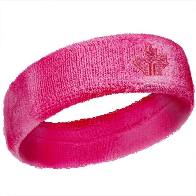 Daily Living Fall Safety Headgear Reduces Force over 50% Sweatband Style PPE by Forcefield®. A vibrant pink cotton terry sweatband with stretch for a secure fit, featuring a maple leaf logo. This protective headband is certified to PPE standards, designed for impact reduction in non-collision sports like soccer, curling, and pickleball, and suitable for fall safety applications.