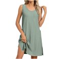 thumbnail image 1 of VEKDONE Women Summer Solid-Color Court Lock Round-Neck Casual Cuffless Dress Green L, 1 of 6