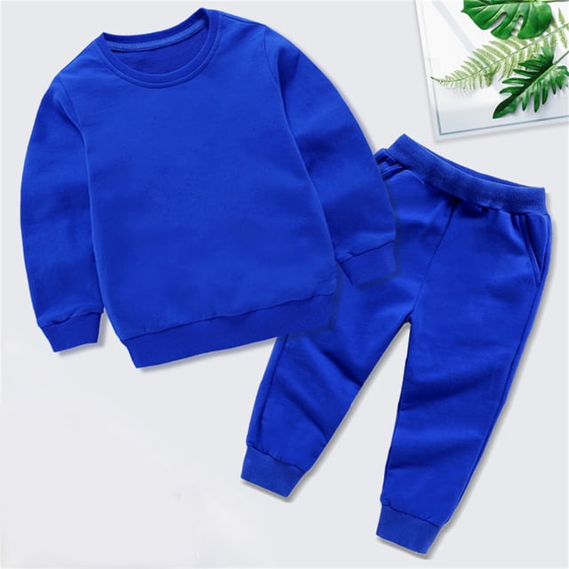 LSLJS Ensemble Automne Hiver pour Tout-Petits Garçons Filles, Bonbon, Couleur Unie, Chandail à Col Rond et Pantalon de Jogging ( Bleu, 9-10 Ans )