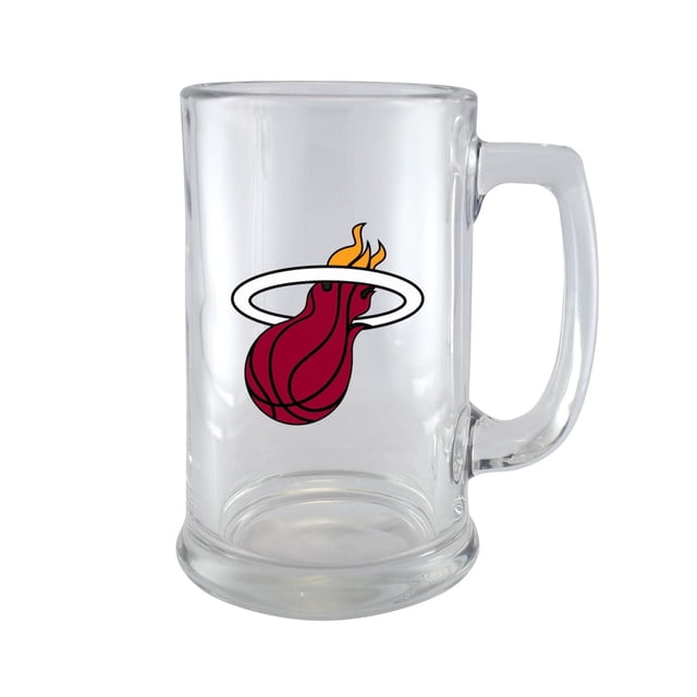 OFFICIALLY LICENSED NBA 15OZ BEER STEIN MIAMI HEAT clear glass beer mug with a sturdy base and handle, featuring the Miami Heat flaming basketball logo in team colors, suitable for beer, soda, or cocktails and dishwasher safe.