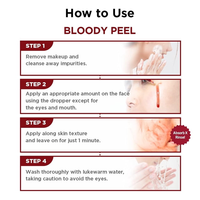Skin1004 Bloody Peel Exfoliating Face Ampoule, 30ml, a chemical exfoliant with AHA 17% and BHA components. The image shows a step-by-step guide: Step 1: Remove makeup and cleanse impurities. Step 2: Apply an appropriate amount using the dropper, avoiding eyes and mouth. Step 3: Leave on for one minute. Step 4: Rinse thoroughly with lukewarm water. Contains apple fruit extract for brightening and natural red food ingredients like tomatoes and beets for calming skin. Suitable for dry, oily, and combination skin.