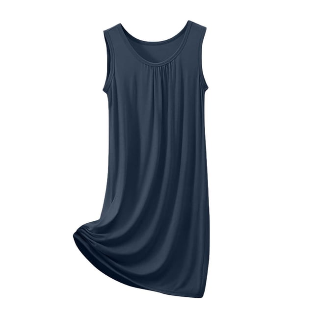 HUJlwoi Chemises de Nuit Grande Taille Modal Sans Manches Nuisette Basique Plissée Longue Robe de Nuit Coupe Ample Col Ras du Cou Robe de Nuit Unie